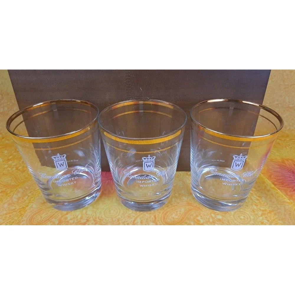 Set Of 3‎ Canadian Club Whisky Low Ball Gold Rim Rock Glasses - 4.25
